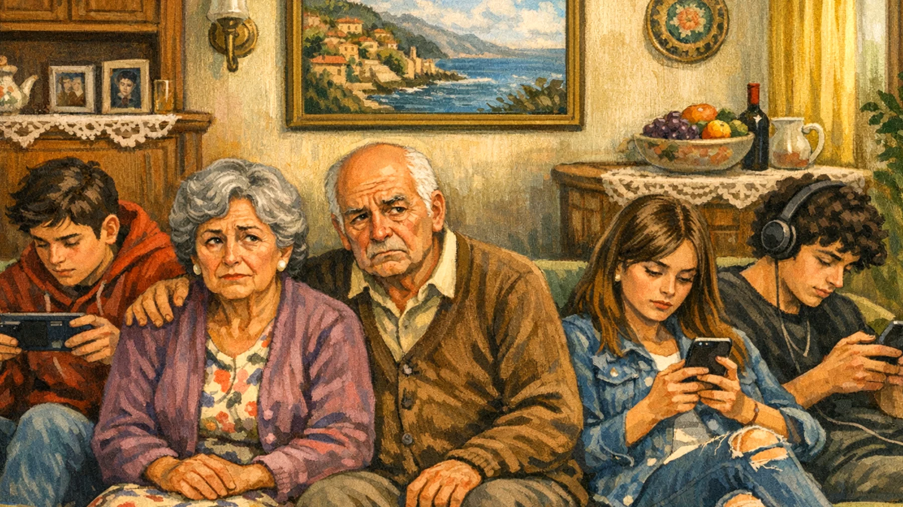 I nonni faticano a gestire l'uso eccessivo di smartphone e videogiochi da parte dei nipoti adolescenti durante il tempo trascorso insieme, sentendosi ignorati e preoccupati per l'impatto sulla relazione e sul loro sviluppo"