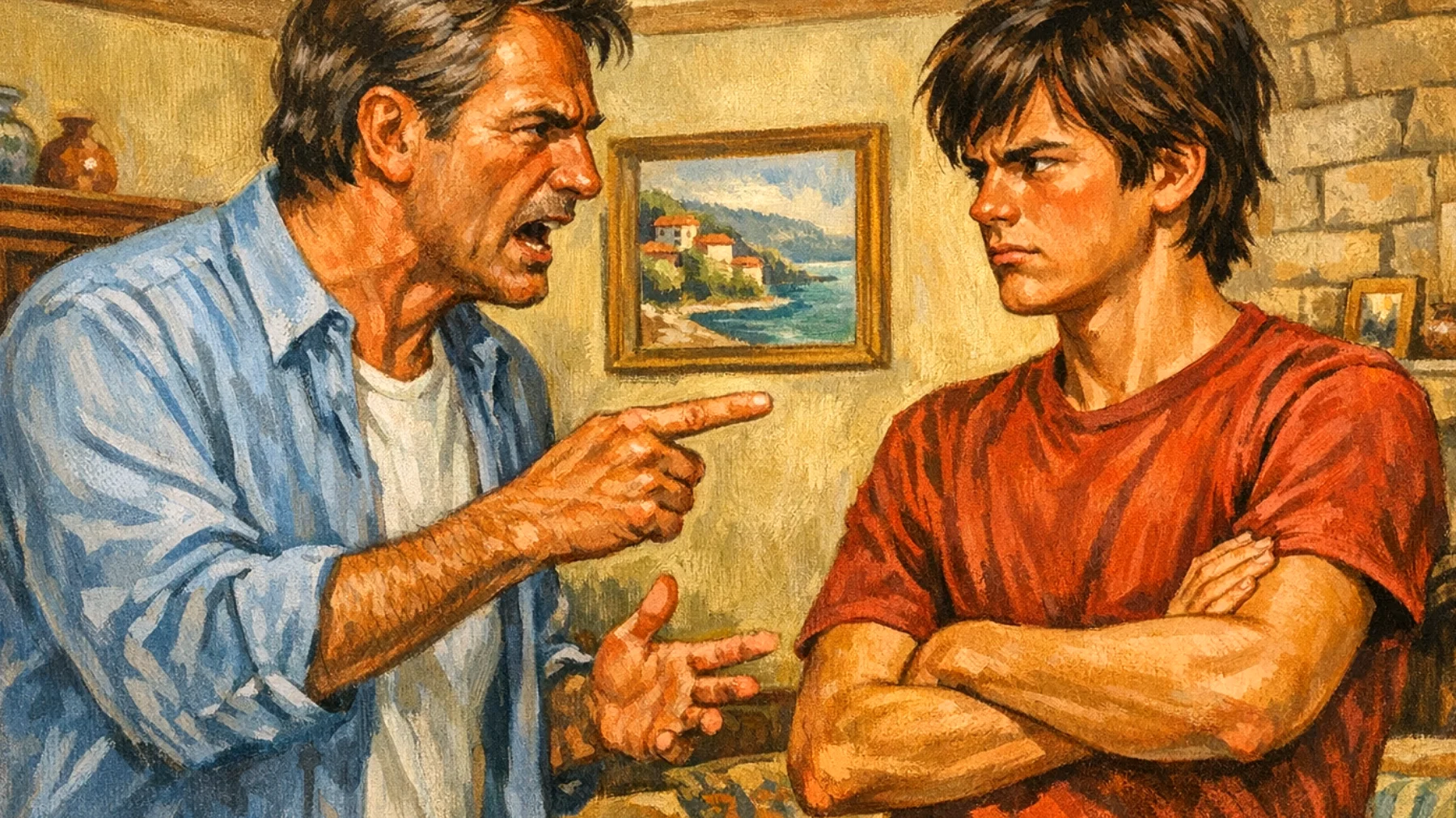 Papà che fatica a gestire le reazioni esplosive del figlio adolescente quando le cose non vanno come vorrebbe, con conseguenti scontri verbali e allontanamento reciproco"