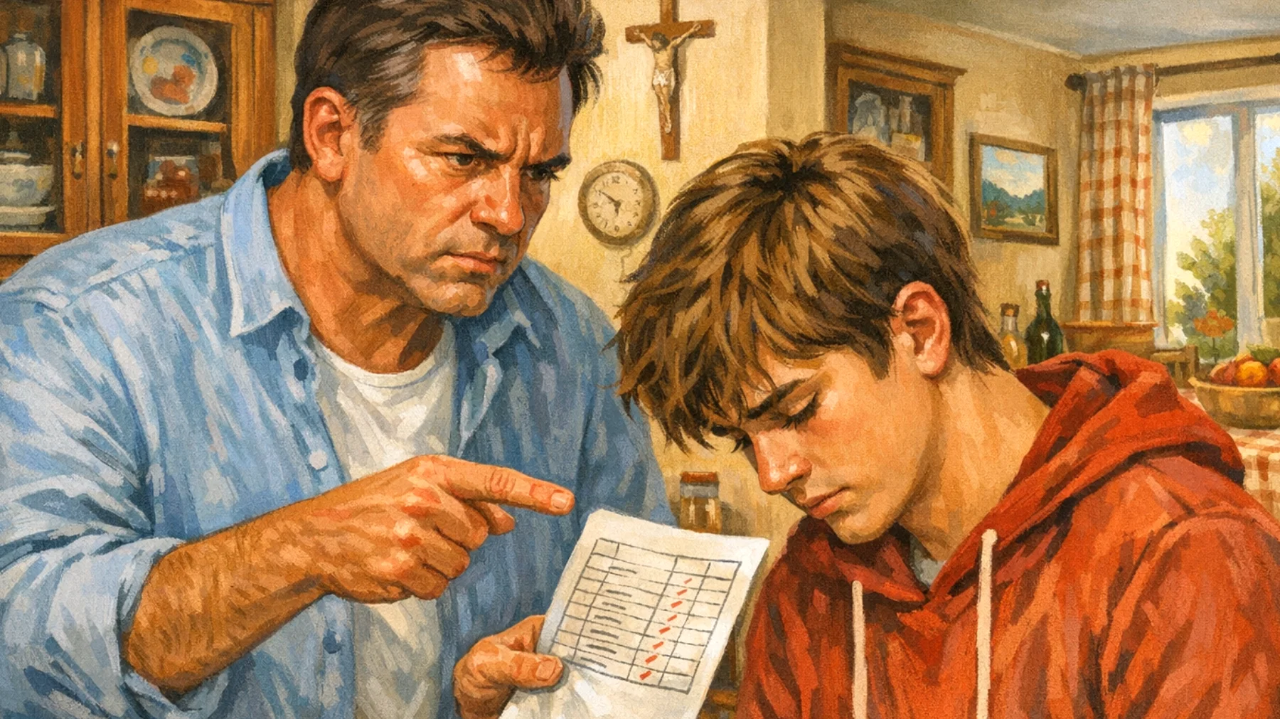 Un papà che esercita pressioni eccessive sul figlio adolescente riguardo ai risultati scolastici, alle performance sportive e alle aspettative di successo, generando stress, ansia da prestazione e tensioni nel rapporto padre-figlio"