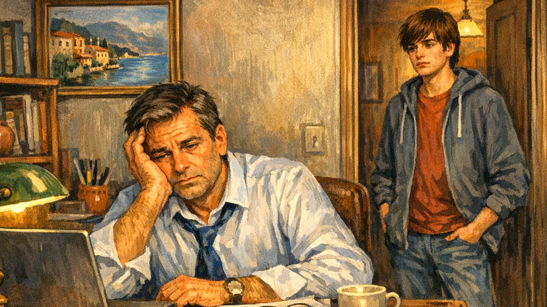 Papà oberato dal lavoro che fatica a trovare energie e tempo di qualità per connettersi emotivamente con il figlio adolescente, creando distanza relazionale"